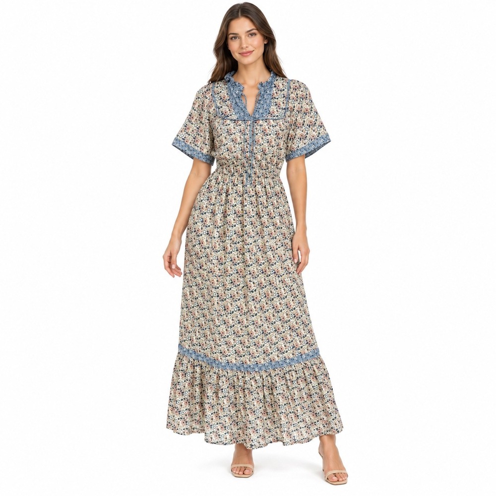 Othilia Titania Flounced Maxi Dress XS Blue Cream Cotton Flutter Sleeve Tie Neck